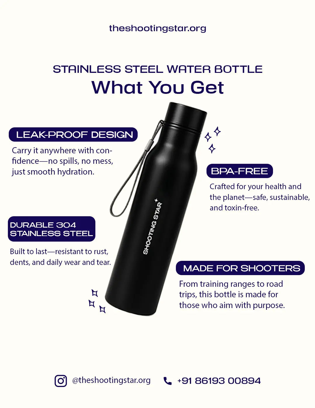 Black Engraved 750ml Stainless Steel Water Bottle – Leak-Proof & BPA-Free